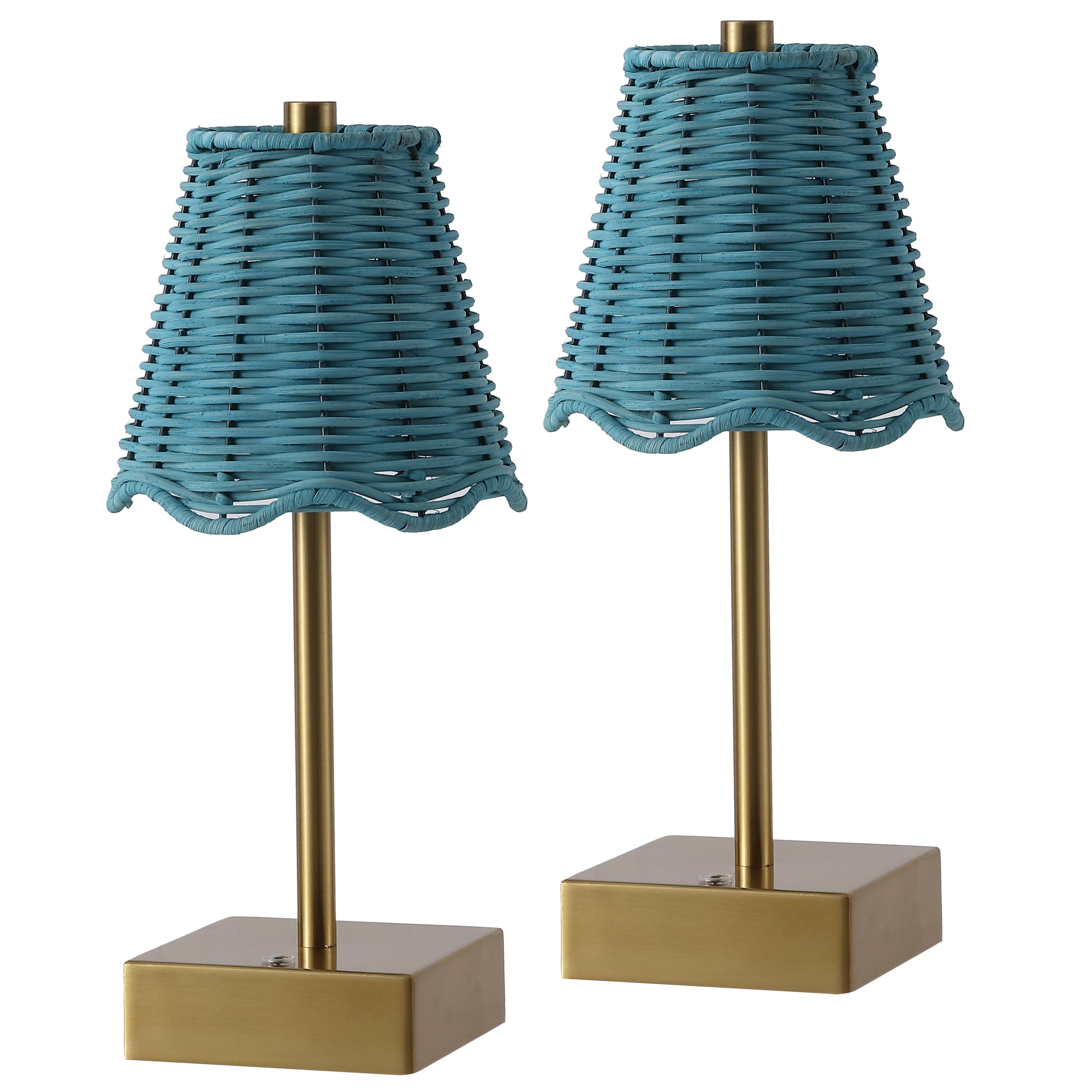 Alt View 7. Jonathan Y - Willow 11" Coastal Bohemian Cordless Rechargeable Table Lamp Set of 2, Brass Gold with Blue Rattan Shade, Touch Dimmer - Brass Gold.