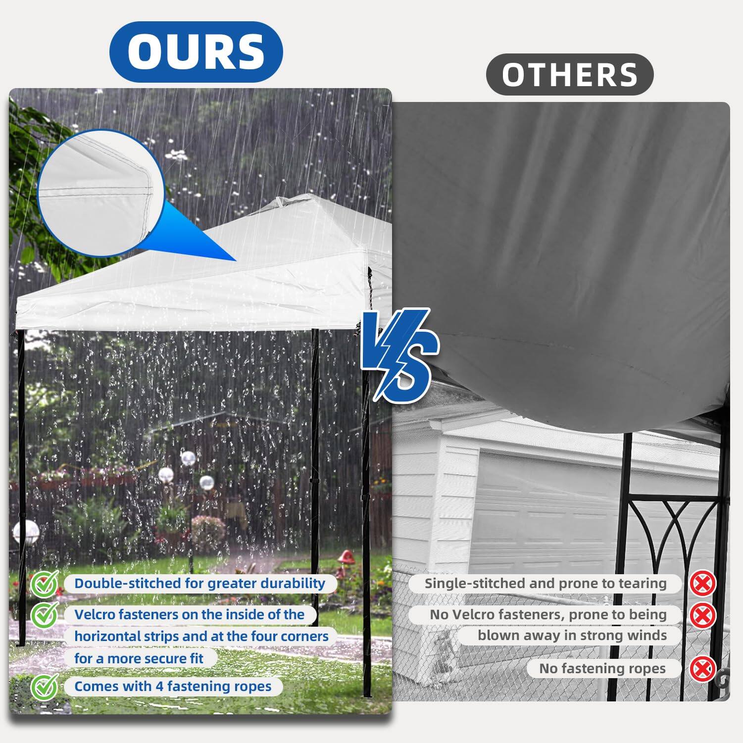 **OURS**

- Double-stitched for greater durability
- Velcro fasteners on the inside of the horizontal strips and at the four corners for a more secure fit
- Comes with 4 fastening ropes

**OTHERS**

- Single-stitched and prone to tearing
- No Velcro fasteners, prone to being blown away in strong winds
- No fastening ropes