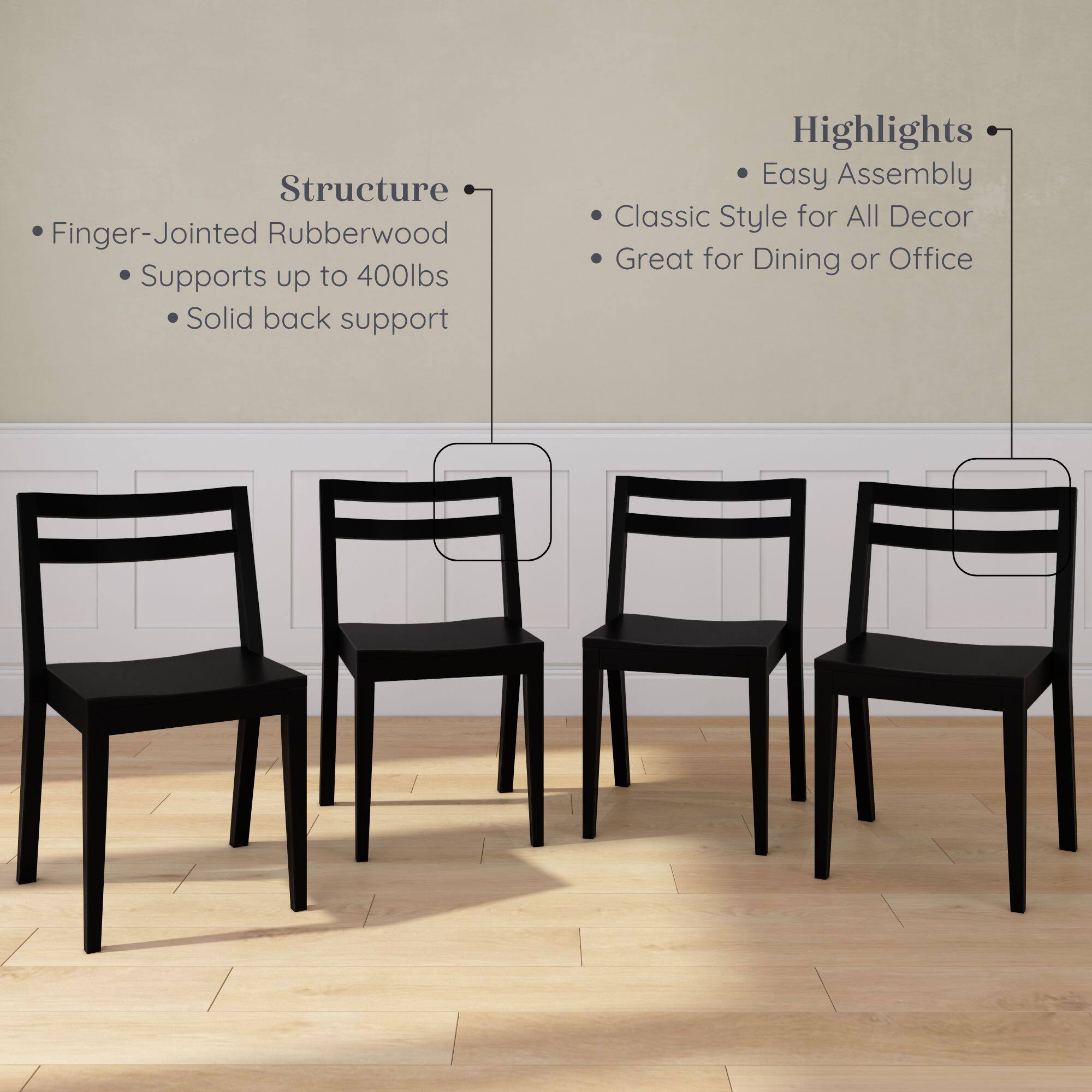 Structure:
- Finger-Jointed Rubberwood
- Supports up to 400lbs
- Solid back support

Highlights:
- Easy Assembly
- Classic Style for All Decor
- Great for Dining or Office