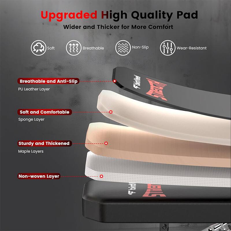 Upgraded High Quality Pad  
Wider and Thicker for More Comfort  

- Soft  
- Breathable  
- Non-Slip  
- Wear-Resistant  

Breathable and Anti-Slip  
PU Leather Layer  

Soft and Comfortable  
Sponge Layer  

Sturdy and Thickened  
Maple Layers  

Non-woven Layer