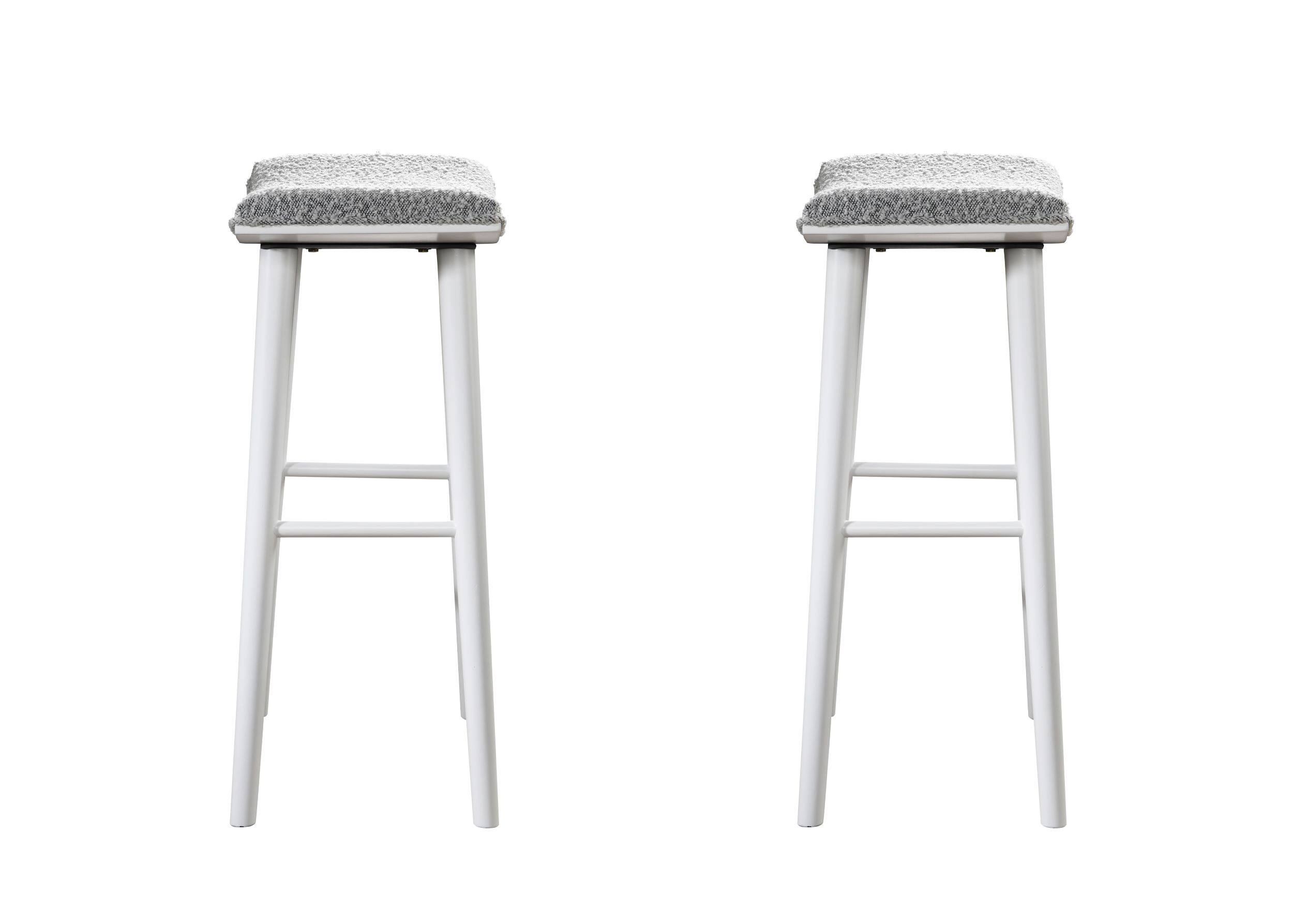 Alt View 4. LuXeo - Luna 29 in. White Backless Wood Saddle Bar Stools with Gray Boucle Fabric Seat (Set of 2) - White/Gray.
