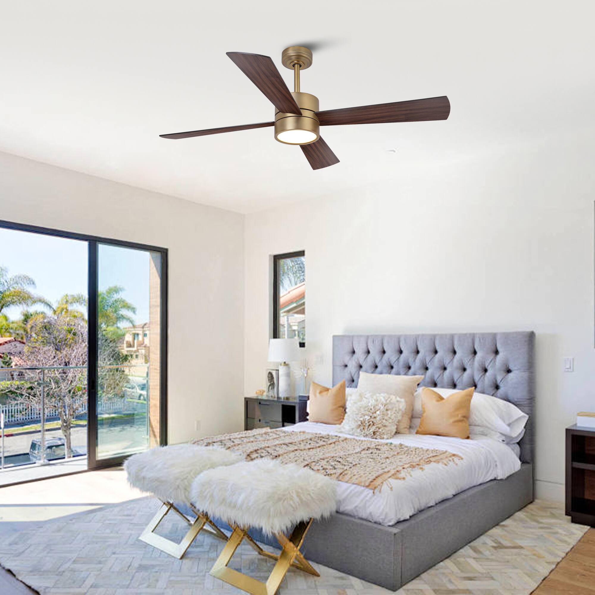 Angle. Parrot Uncle - 52-Inch RGB Smart Ceiling Fan with Lights – Modern, Dimmable, Reversible DC Motor & App Control - Antique Gold.