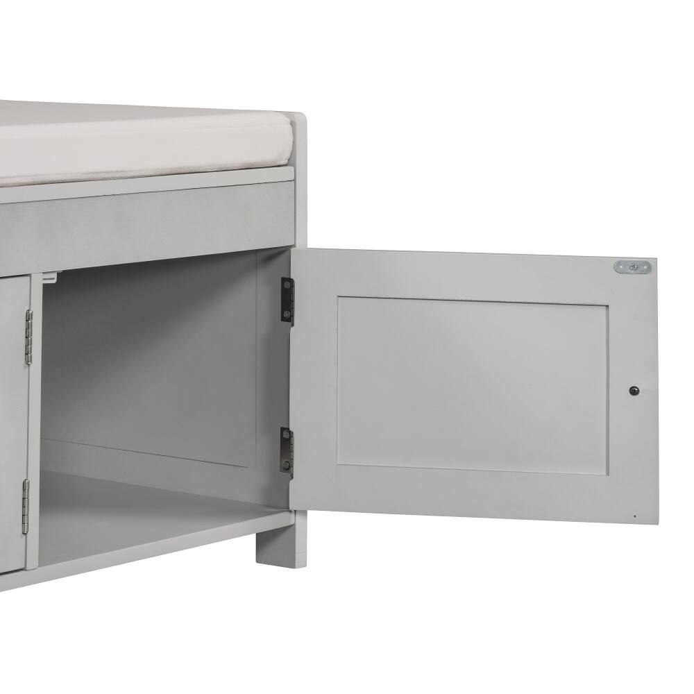 Alt View 2. Ropilly - Ropilly Gray Wash Storage Bench with Shutter Doors Removable Cushion and Hidden Storage Entryway Shoe Bench - Gray Wash.