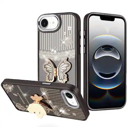 Front. Kitcheniva - 3D Butterfly Bling Charm Stand Cover Plus Tempered Glass For iPhone 16e/17e Black - Black.
