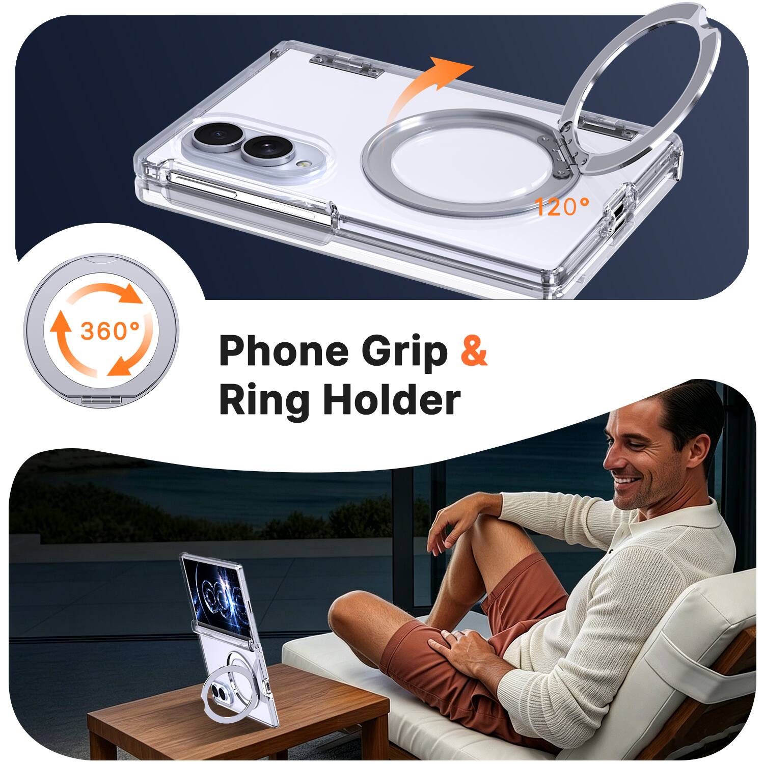 120°  
360°  
Phone Grip & Ring Holder