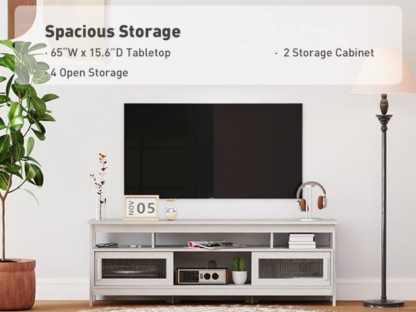 Spacious Storage  
- 65"W x 15.6"D Tabletop  
- 4 Open Storage  
- 2 Storage Cabinet