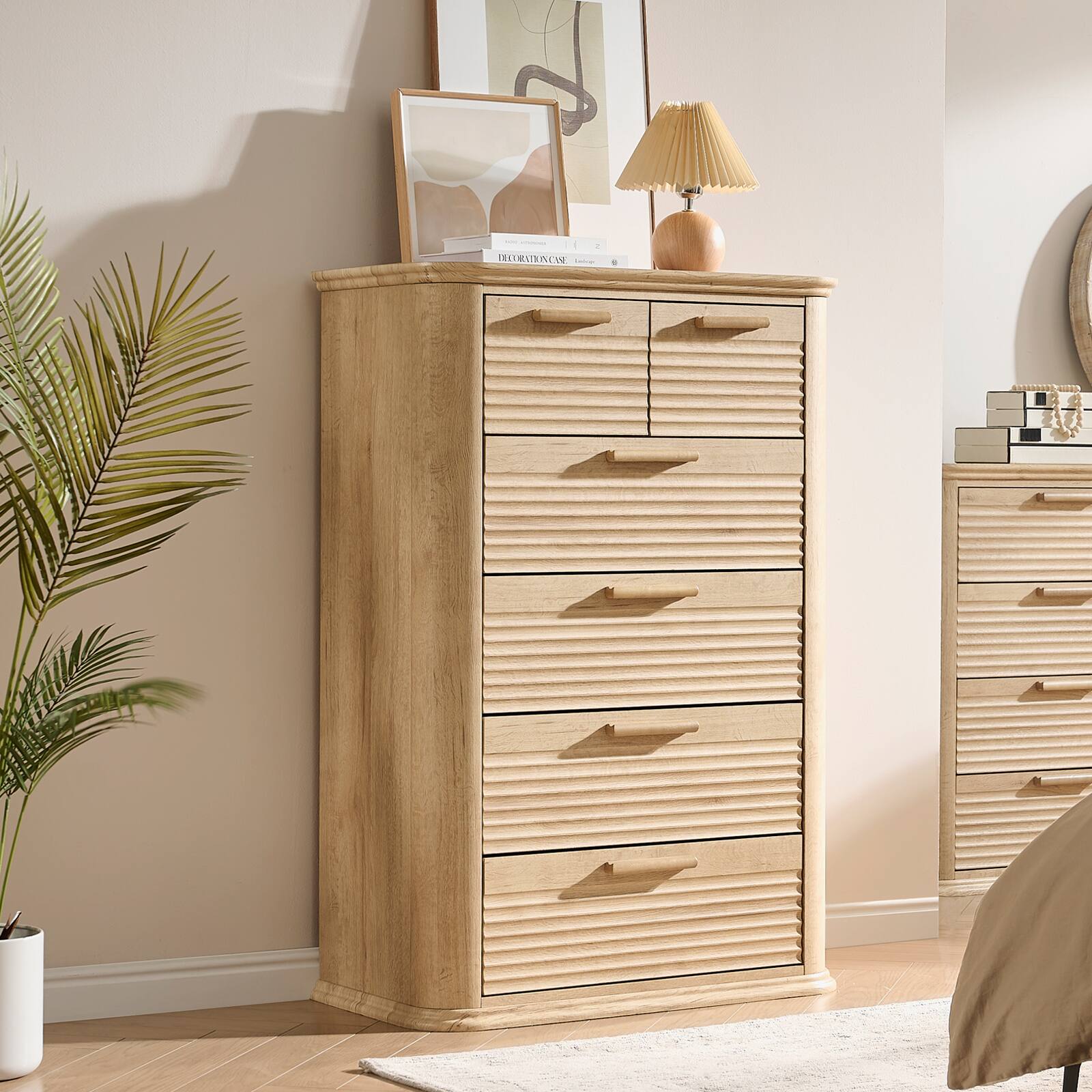 Forest'nSky - Wood 6 drawer 31.5 in. Wide Chest of Drawers with Curved Profile Design for Living Room - Oak