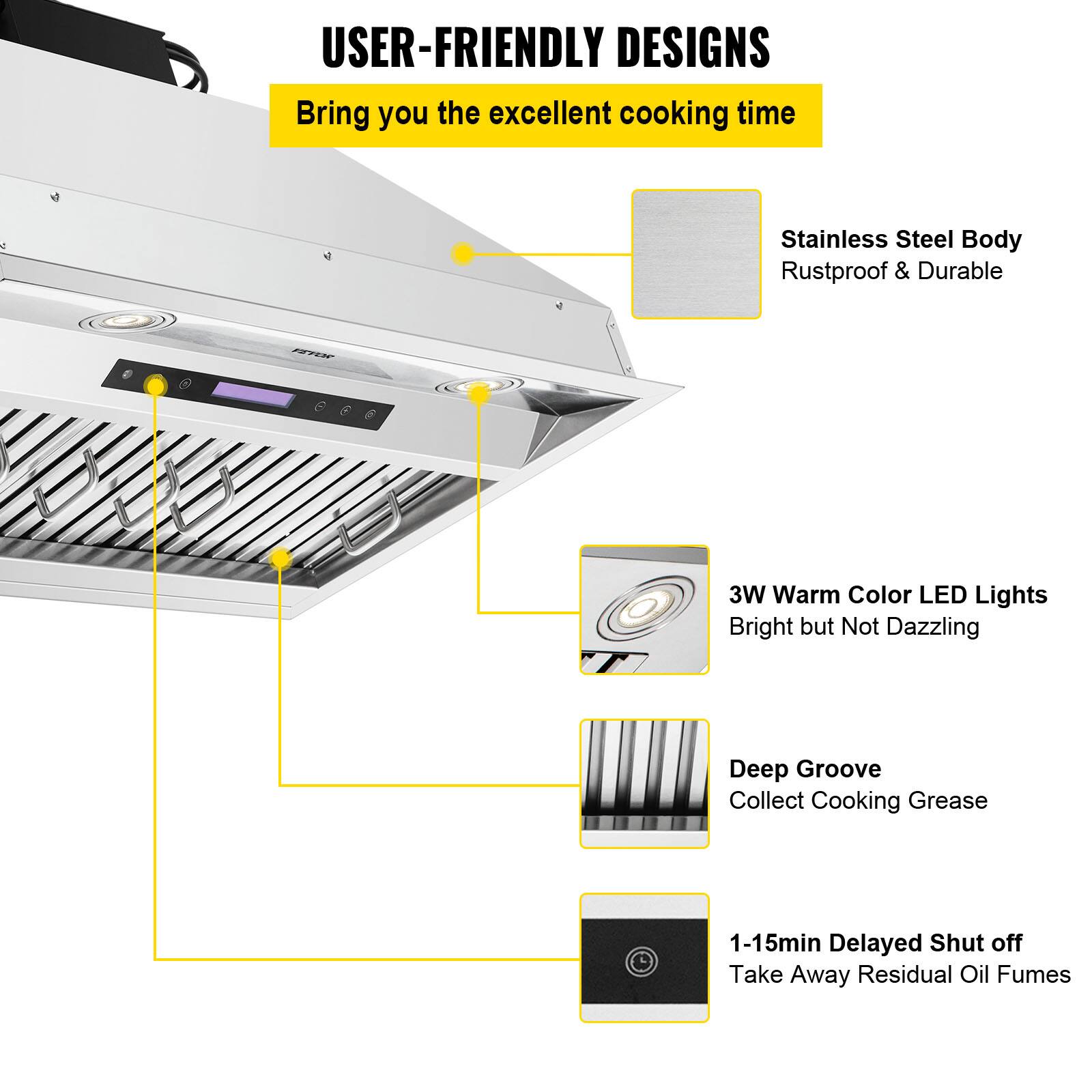 USER-FRIENDLY DESIGNS  
Bring you the excellent cooking time

- Stainless Steel Body  
  Rustproof & Durable

- 3W Warm Color LED Lights  
  Bright but Not Dazzling

- Deep Groove  
  Collect Cooking Grease

- 1-15min Delayed Shut off  
  Take Away Residual Oil Fumes
