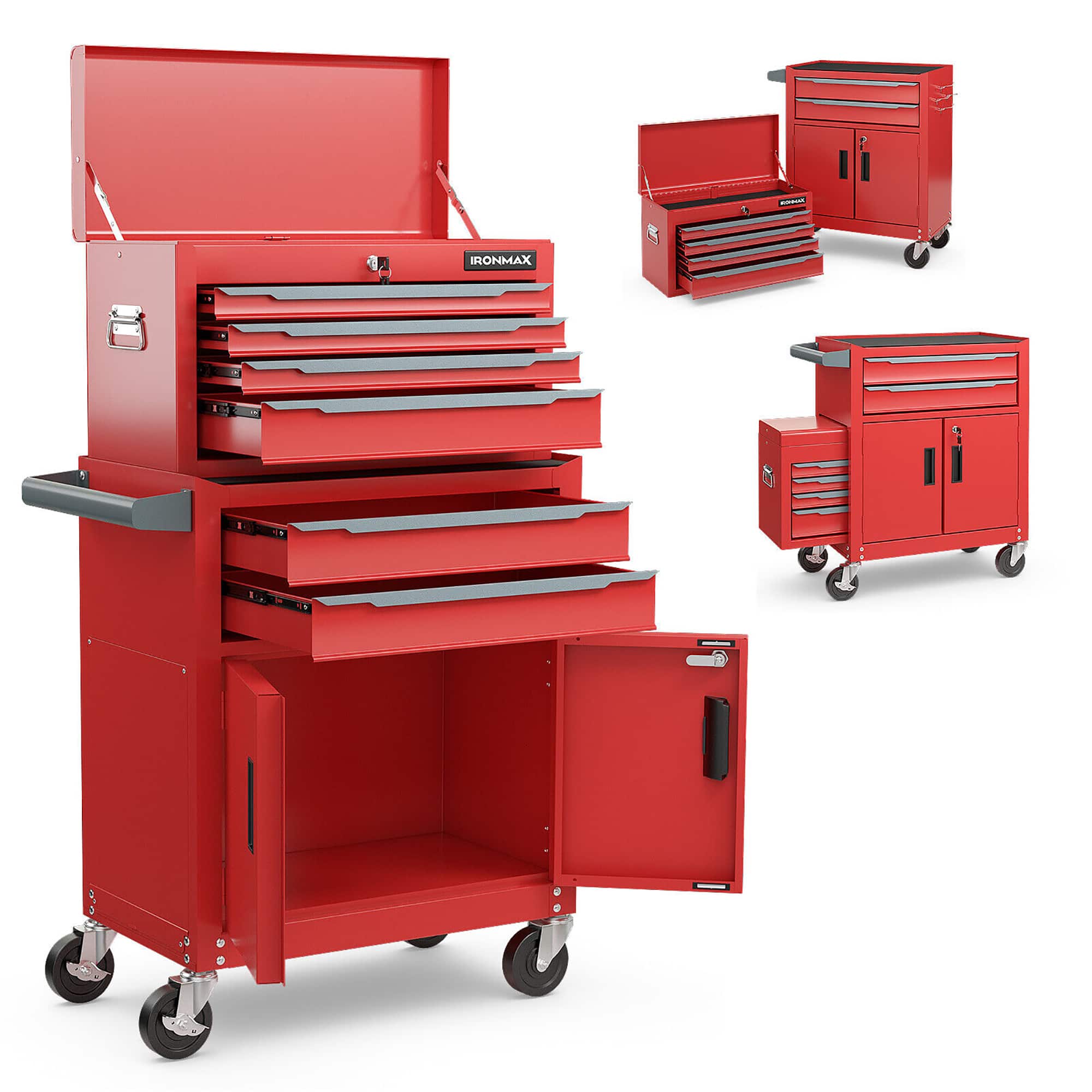 Gymax - 2 in 1 Rolling Cabinet Storage Organizer Chest Box Garage 6 Drawer Toolbox - Red