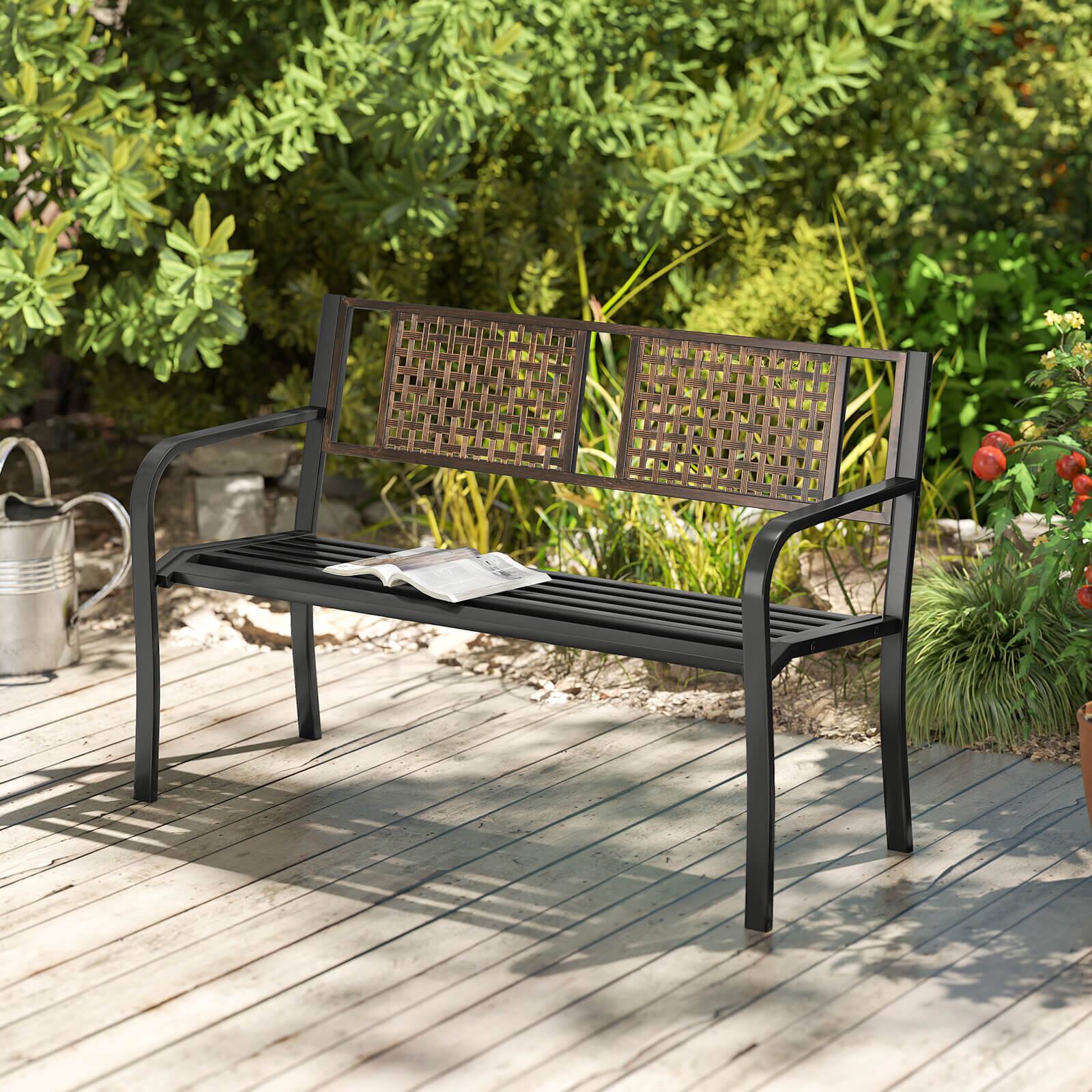 Alt View 1. Costway - Costway 50" Outdoor Metal Park Bench with Rattan-Like Backrest & Curved Armrests - Black.
