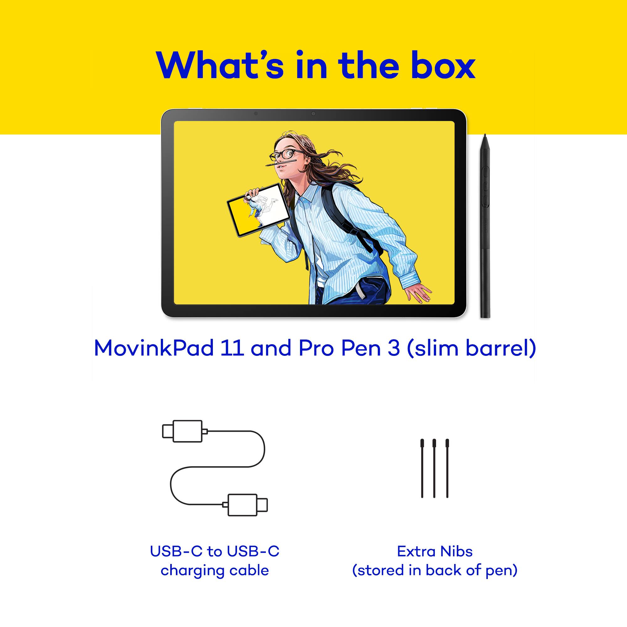 What's in the box:

- MovinkPad 11
- Pro Pen 3 (slim barrel)
- USB-C to USB-C charging cable
- Extra Nibs (stored in back of pen)