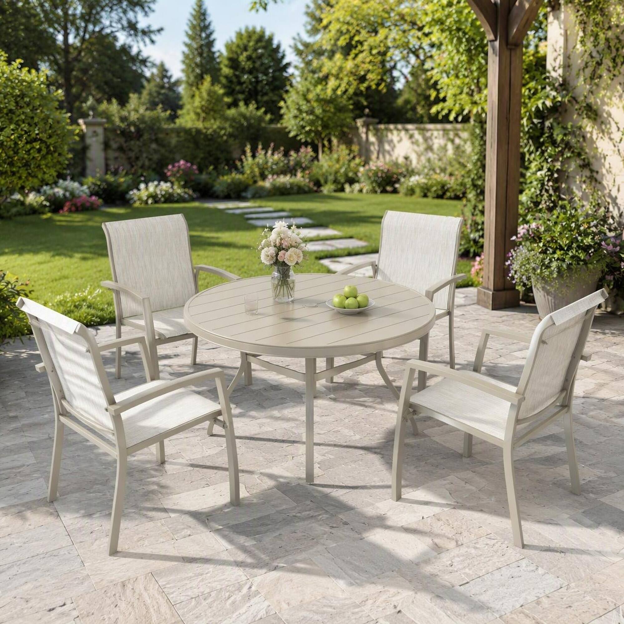 Angle. RYHNUYNE - Round Patio Dining Table, All-Weather Metal Table with Umbrella Hole for Deck Lawn Garden Backyard - Sandstone.