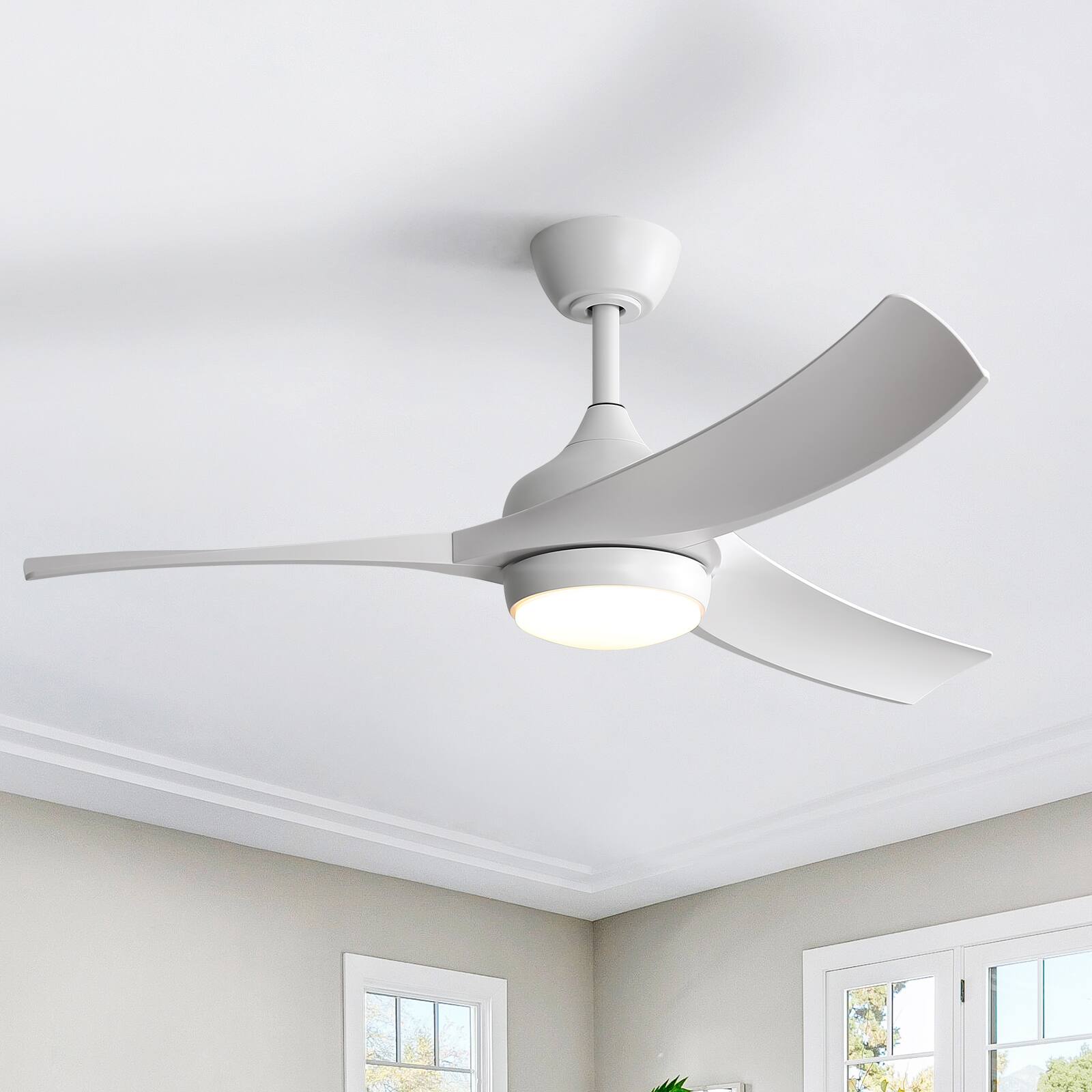 Sofucor - 52in Simple Ceiling Fan with 3 Downrods/3 Color Light/Remote Dimmable LED Bedroom - White