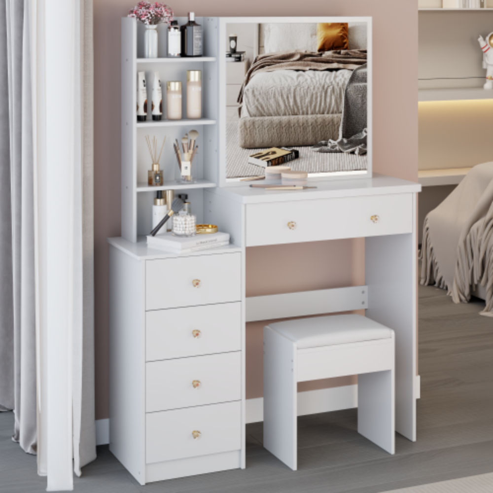 Alt View 1. LUCKY ONE - 37in Freestanding Vanity Set with Sliding Mirror, Stool and Multi-Layer Storage for Bedroom - White.