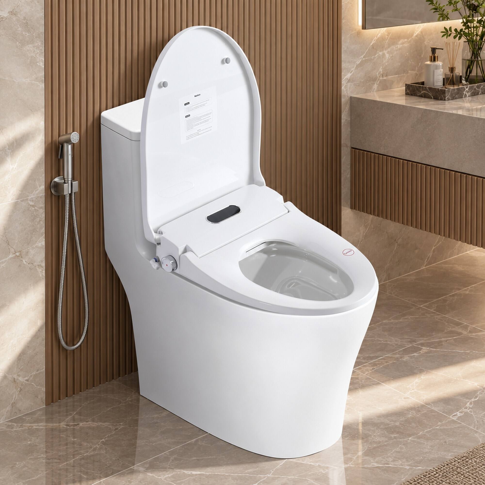Angle. RYHNUYNE - Smart Bidet Toilet Seat, Side Knob Heated Seat Water Temperature and Pressure Adjustment Auto Open and Close Night Light - White.
