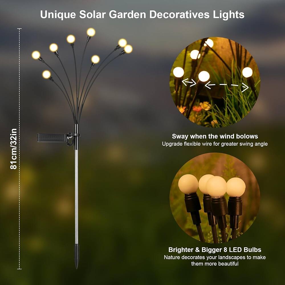 Unique Solar Garden Decorative Lights

81cm/32in

Sway when the wind blows  
Upgrade flexible wire for greater swing angle

Brighter & Bigger 8 LED Bulbs  
Nature decorates your landscapes to make them more beautiful