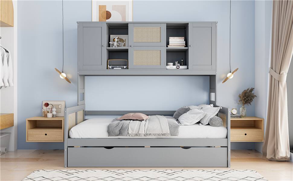 Left. Tiramisubest - Twin Size Wooden Daybed With Twin Size Trundle, and All-in-One Cabinet and Shelf, Gray - Gray.