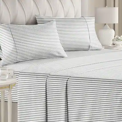 Front. CGK Linens - Luxuriously Soft 4-Piece Striped Sheet Set - Wrinkle-Resistant, Printed Pattern - Queen - Gray Stripes.