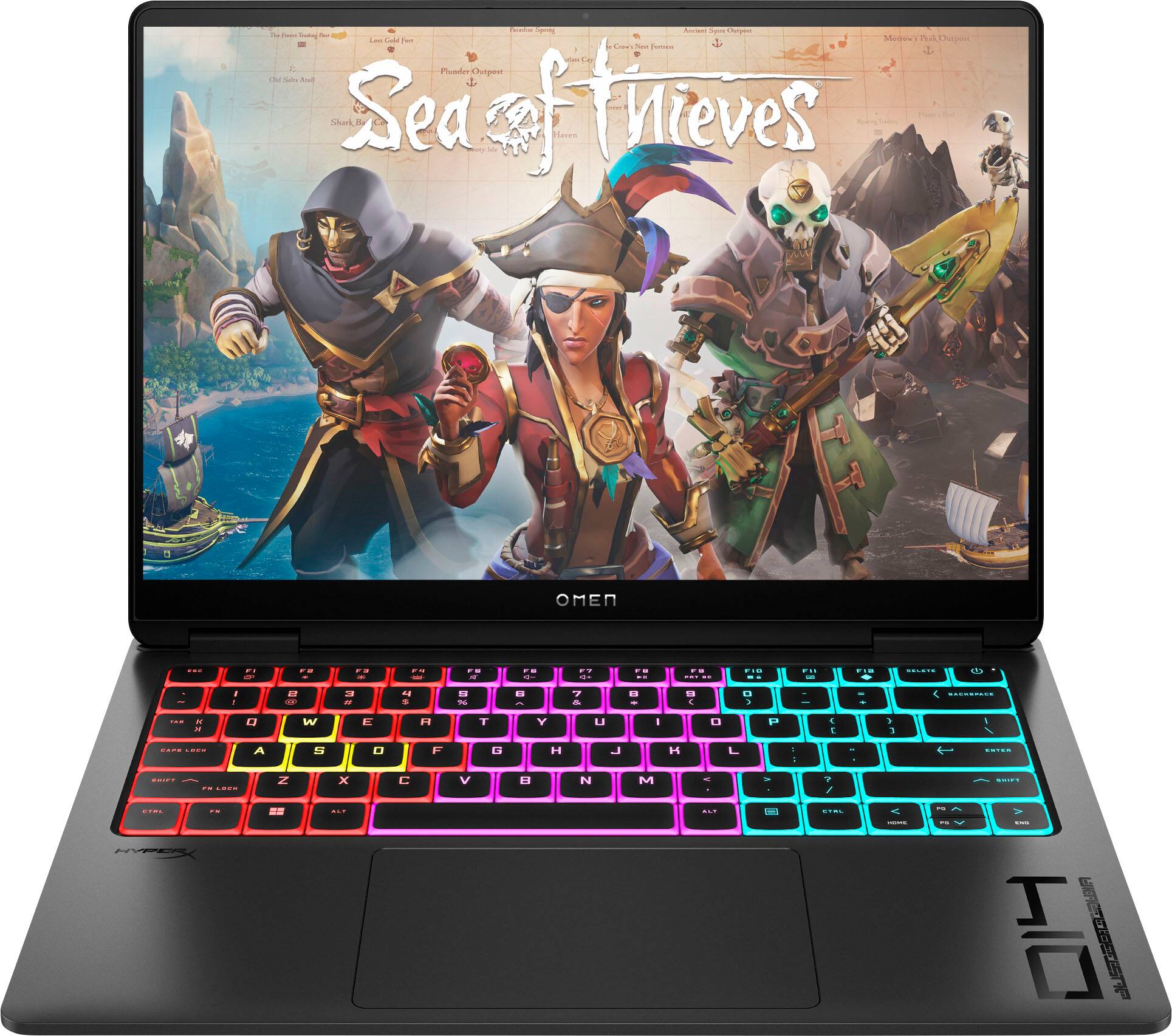 Sea of Thieves is a game displayed on the screen of a laptop. The game features three characters, each with distinctive appearances. The laptop is open and ready for use, with the game fully visible on the screen.