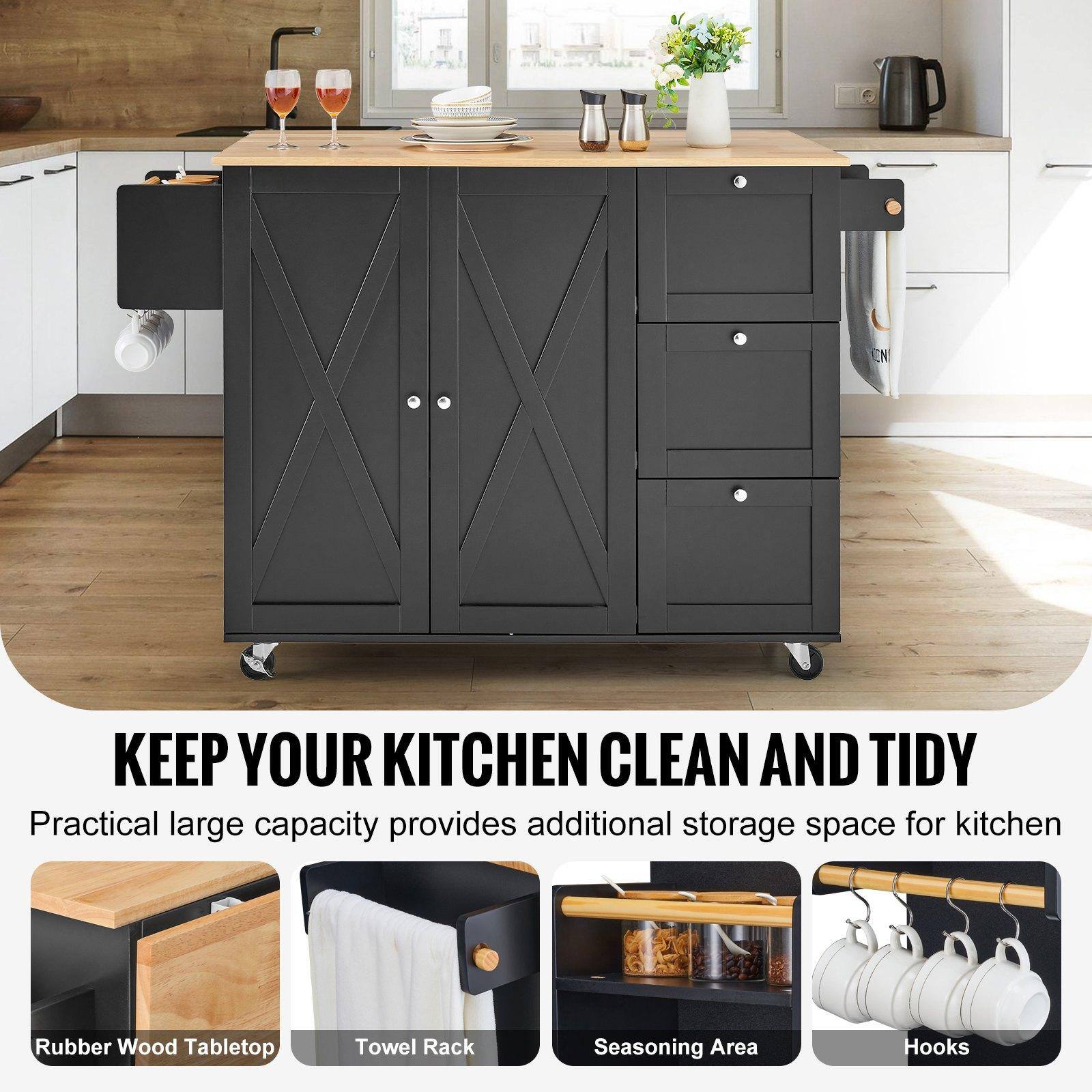 KEEP YOUR KITCHEN CLEAN AND TIDY

Practical large capacity provides additional storage space for kitchen

- Rubber Wood Tabletop
- Towel Rack
- Seasoning Area
- Hooks