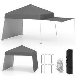 Gymax - 14 X 9.2 FT Pop up Canopy Tent w/ 2 Convertible Sidewalls to Awning & Stakes Gray - Blue