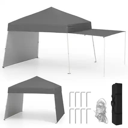 Front. Gymax - Gymax 14 X 9.2 FT Pop up Canopy Tent w/ 2 Convertible Sidewalls to Awning & Stakes Gray - Blue.