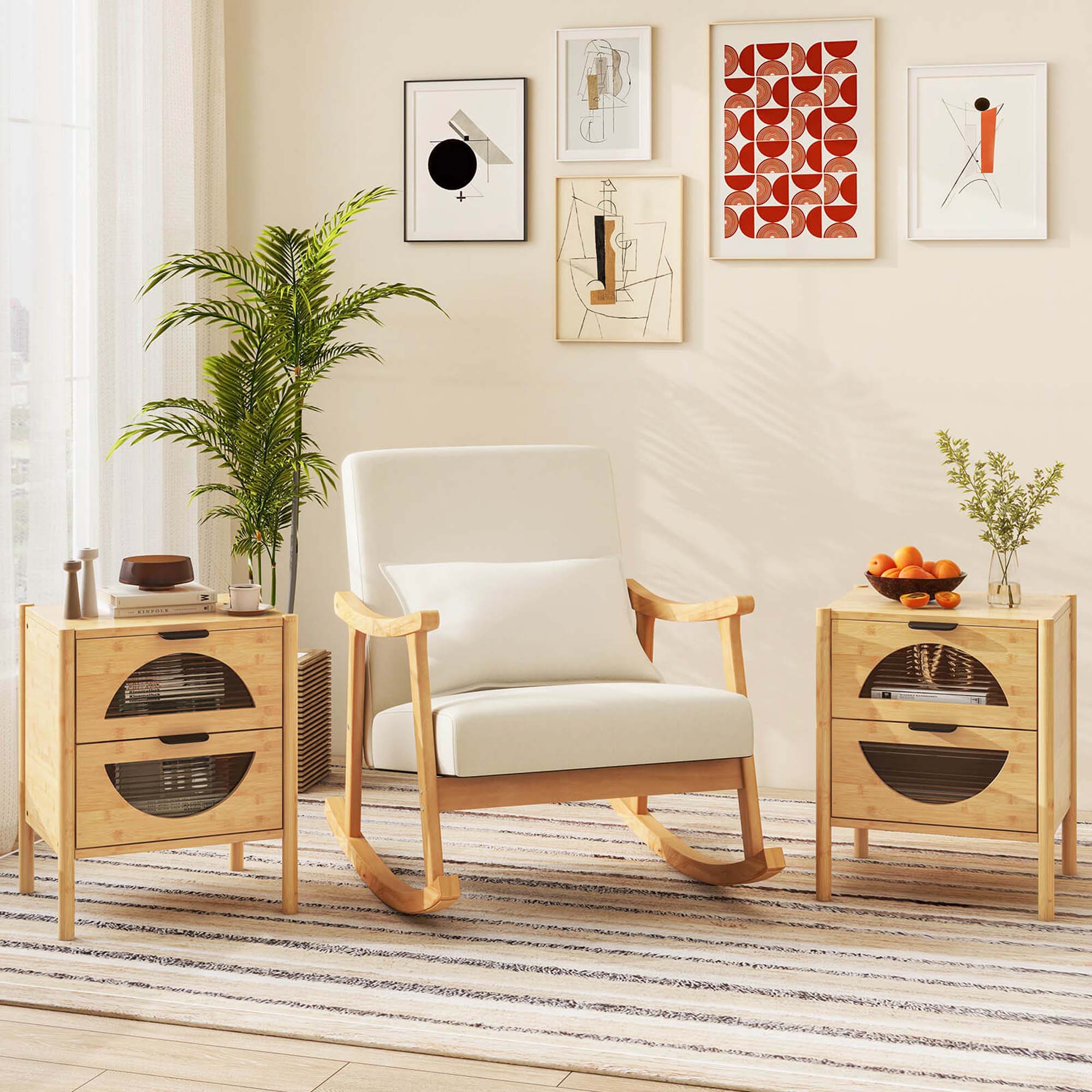 Alt View 1. Costway - 2 PCS Bamboo Nightstand with 2 Storage Drawers & Reeded Tempered Glass Fronts Bedroom - Natural.