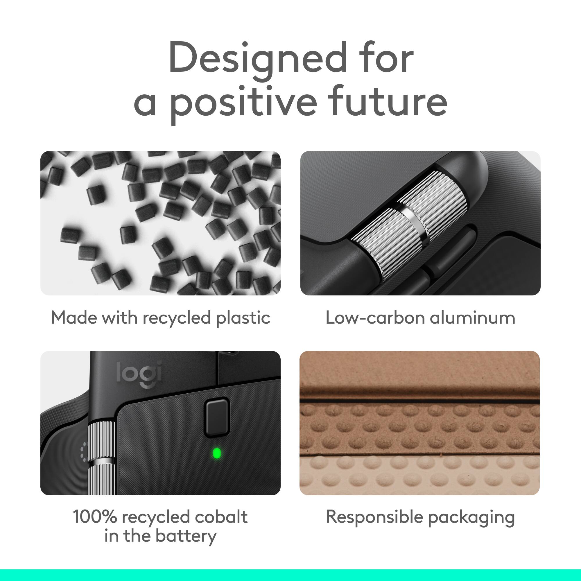 Designed for a positive future  
Made with recycled plastic  
Low-carbon aluminum  
100% recycled cobalt in the battery  
Responsible packaging