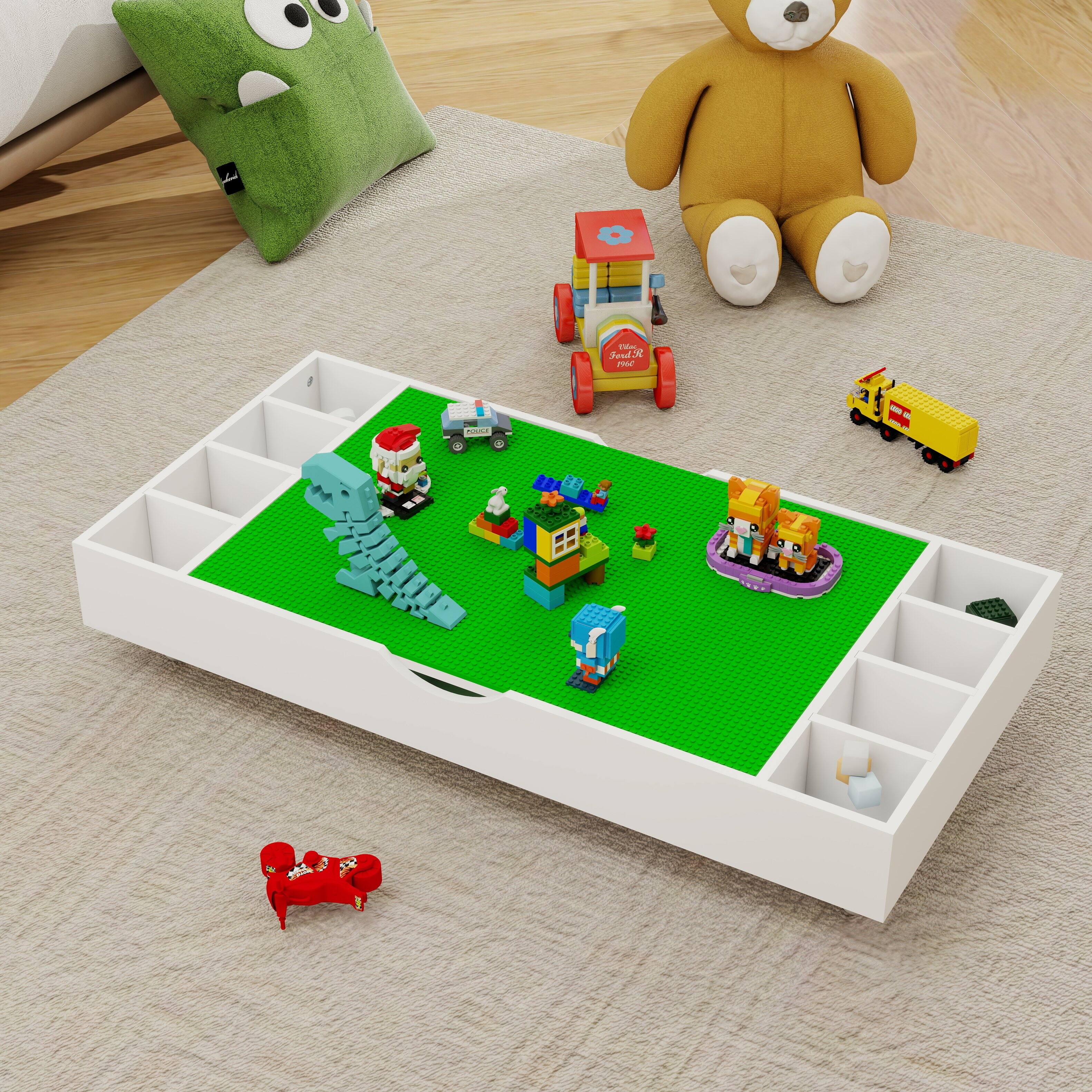 Left. GOODSILO - ​​2-in-1 Rollaway Play Table & Toy Organizer - Under Bed/Sofa Storage, LEGO Compatible​​ - White+Green.