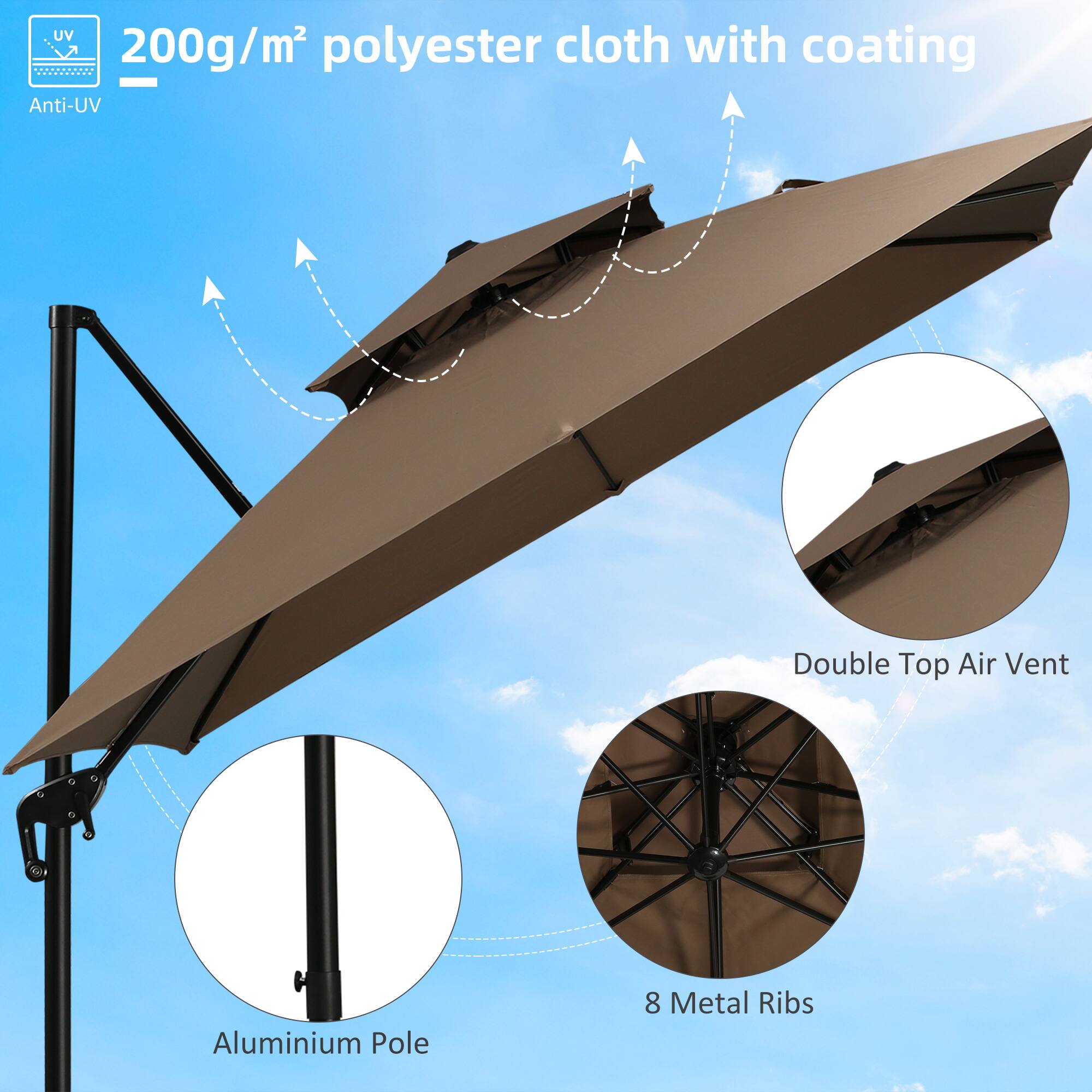 - UV 200g/m² polyester cloth with coating
- Anti-UV
- Double Top Air Vent
- Aluminium Pole
- 8 Metal Ribs