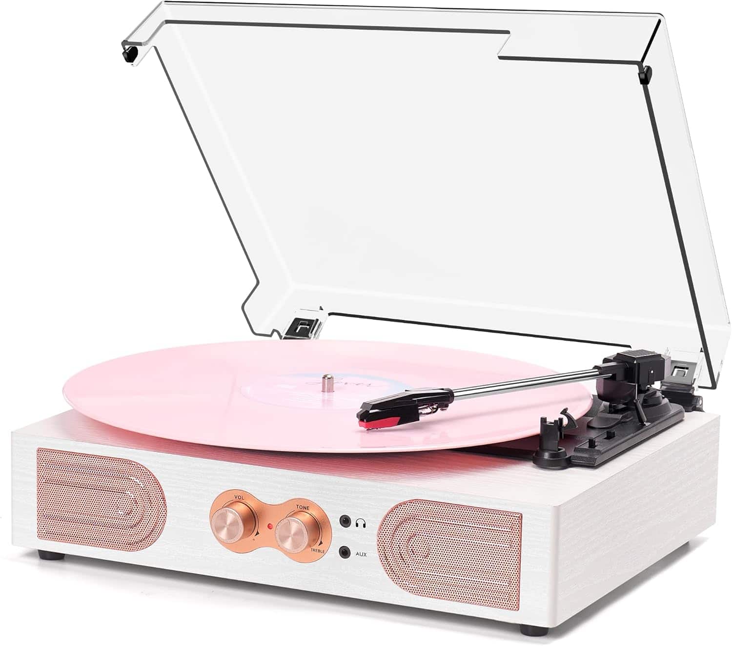 Vulpecula Spade - Vinyl Record Player with Built-in Speakers 3-Speed Vintage Record Player Support Treble& Bass Control - White