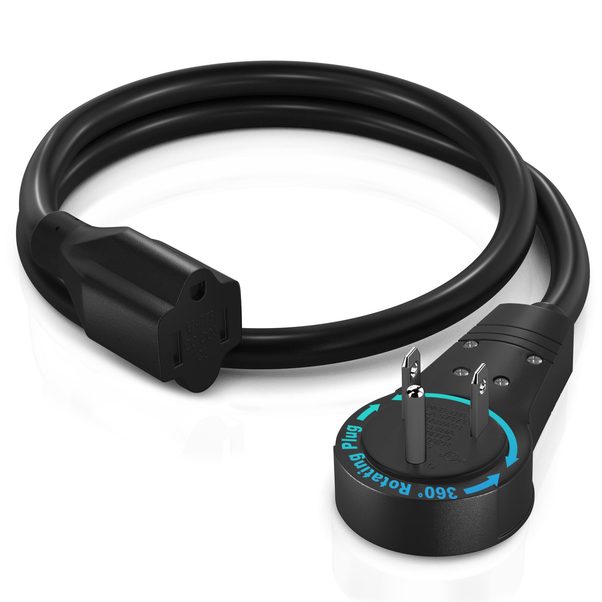 Maximm - 2 Foot 360° Rotating Flat Plug Extension Cord/Wire, 3 Prong Grounded Wire 16 Awg Power Cord - UL Certified - Black