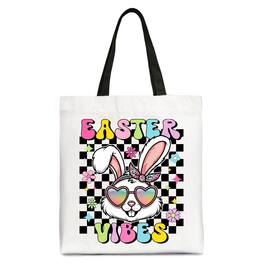 OrnamentallyYou - Retro Easter Bunny Sunglasses Tote Bag, Groovy Checkered Gift Shopper - White Black