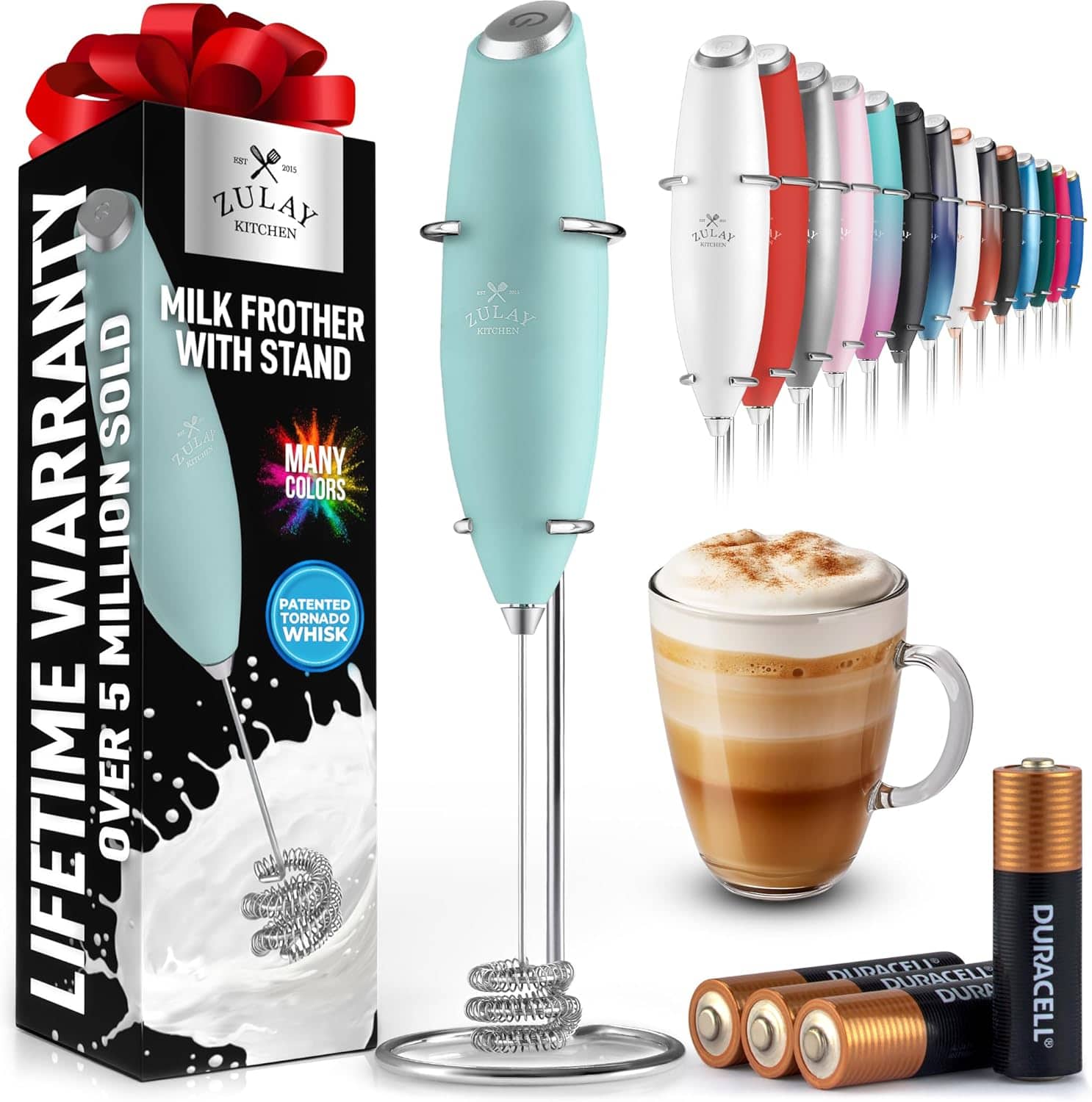 ZULAY KITCHEN  
MILK FROTHER WITH STAND  
LIFETIME WARRANTY  
OVER 5 MILLION SOLD  
MANY COLORS  
PATENTED TORNADO WHISK  
DURACELL