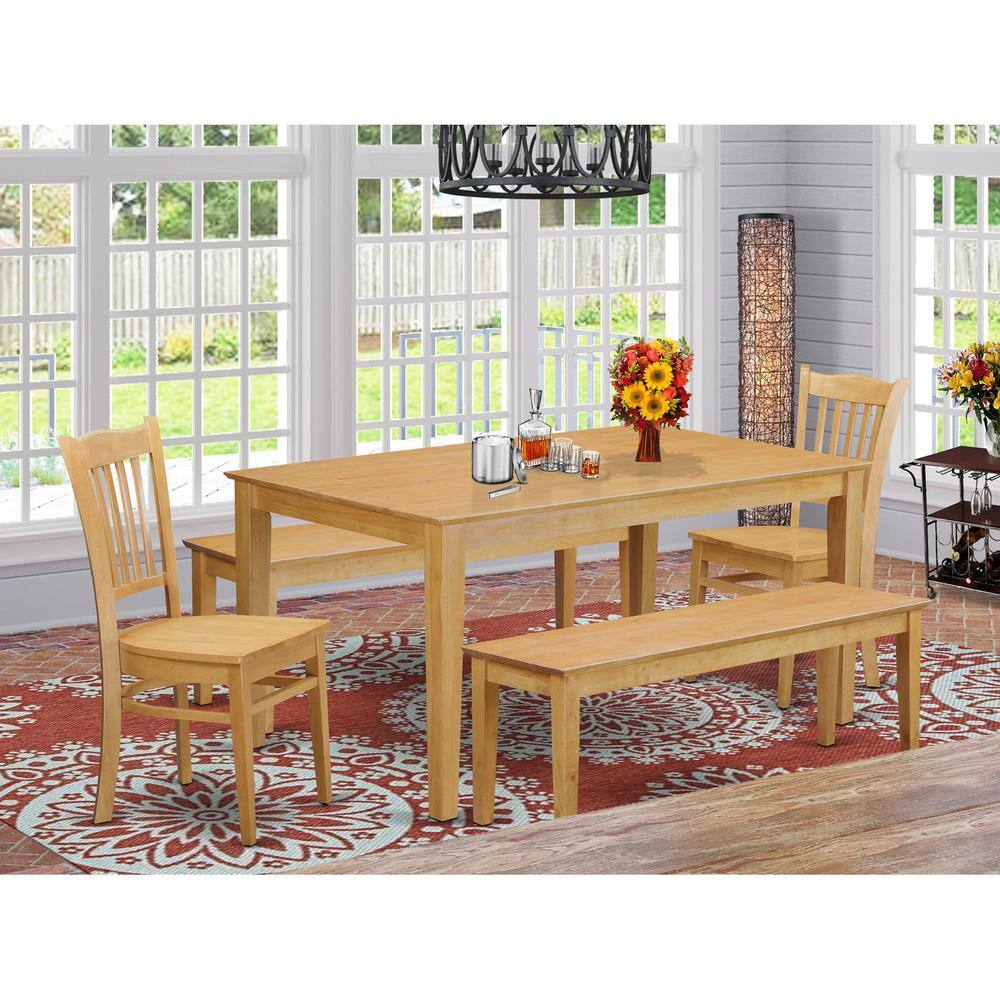 Back. East West Furniture - 5 Pc Dining room set - Table for small spaces and 2 Kitchen Chairs also 2 benches - Oak.