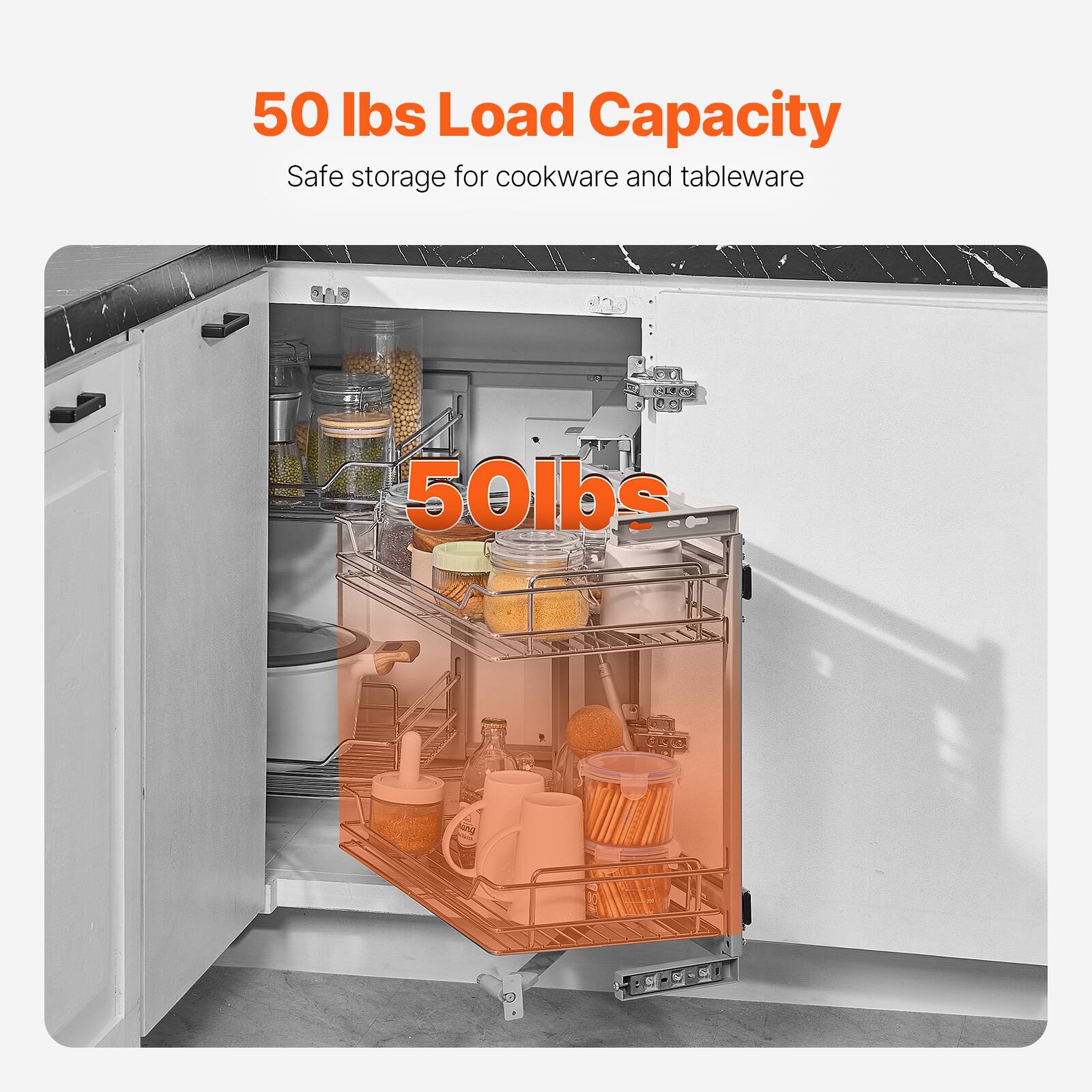 50 lbs Load Capacity  
Safe storage for cookware and tableware