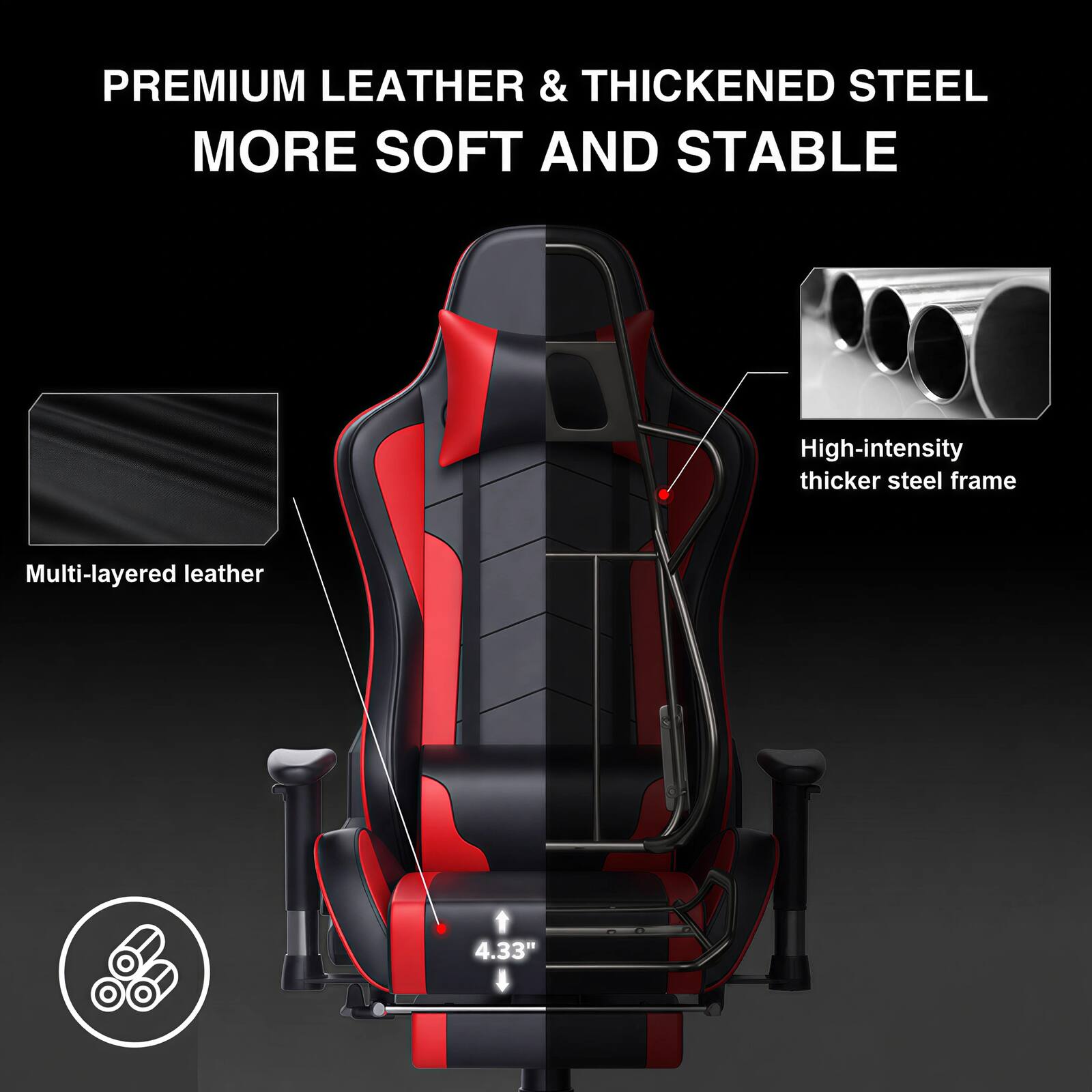 PREMIUM LEATHER & THICKENED STEEL MORE SOFT AND STABLE

High-intensity thicker steel frame

Multi-layered leather

4.33"
