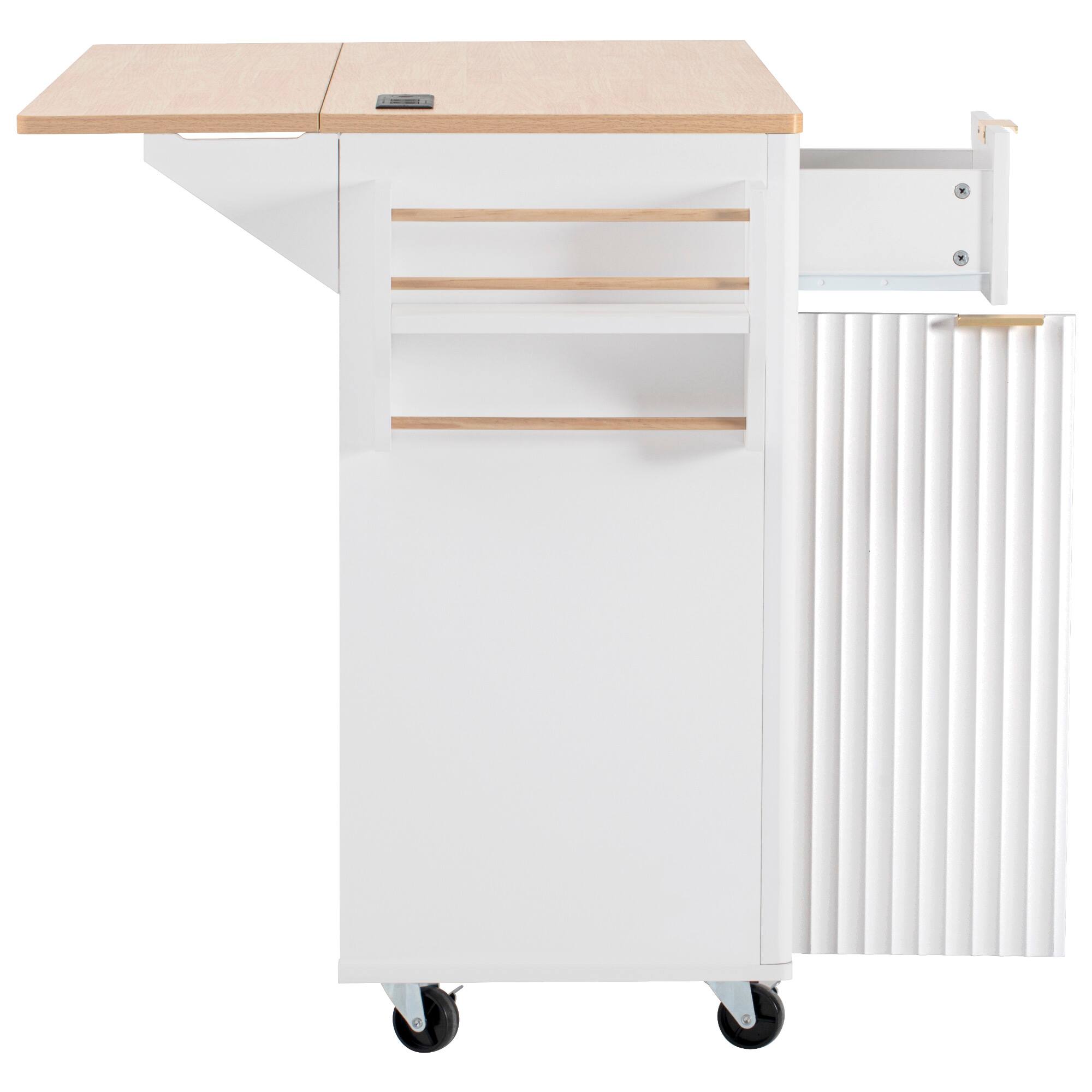 Alt View 7. Forest'nSky - 55.5 inch Fluted Kitchen Island with 4 Doors and 3 Drawers, Rolling Storage Cart with Wood-Grain Top, White - White.