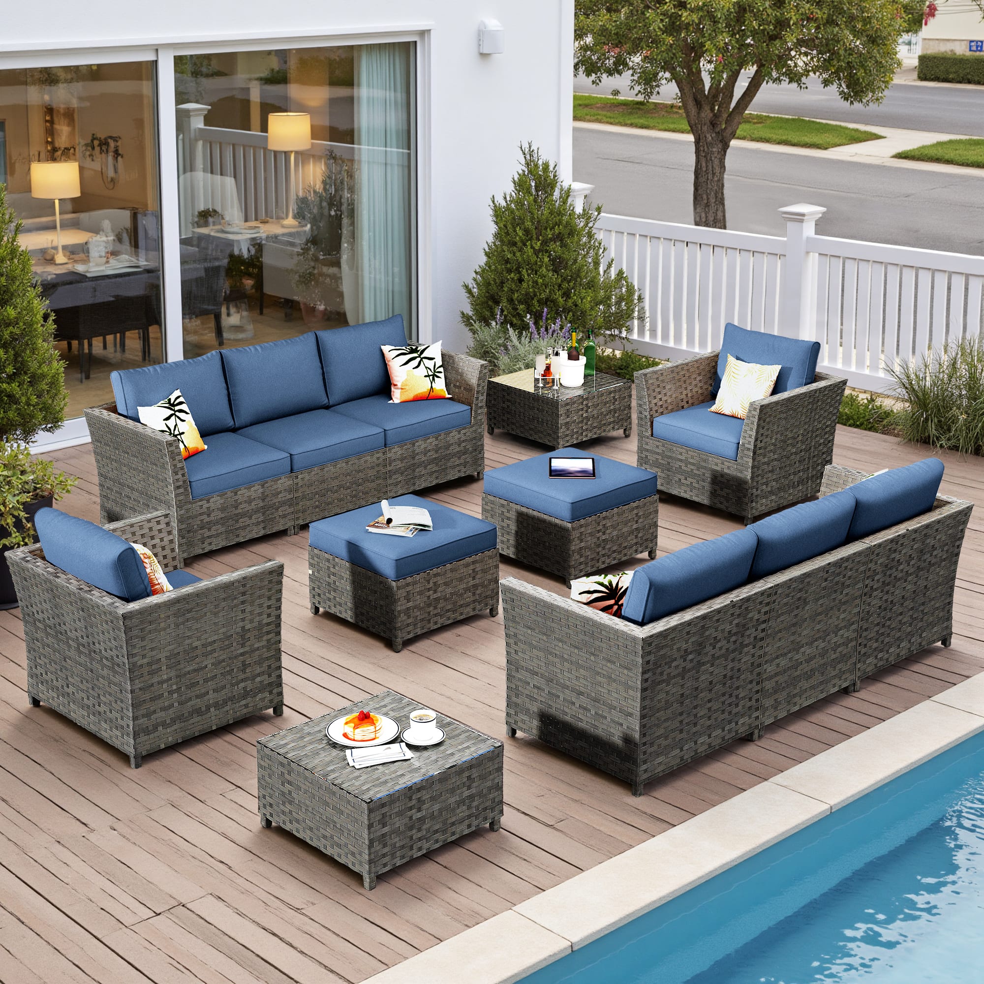 Ovios - 12 PCS Patio Furniture Set, 3 Seat Cushioned Sofa, Comfy Armchair with Ottoman & Coffee Table - Denim Blue