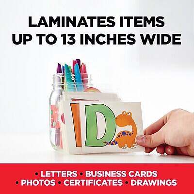 LAMINATES ITEMS UP TO 13 INCHES WIDE

- LETTERS
- BUSINESS CARDS
- PHOTOS
- CERTIFICATES
- DRAWINGS