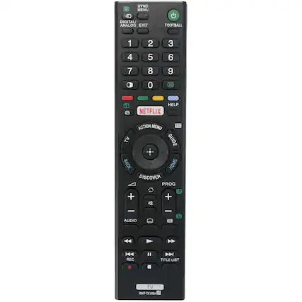 SYNC MENU
DIGITAL/ANALOG EXIT
FOOTBALL
1 2 3
4 5 6
7 8 9
0
NETFLIX HELP
ACTION MENU
TV GUIDE
BACK HOME
DISCOVER PROG
AUDIO
TV RMT-TX100A