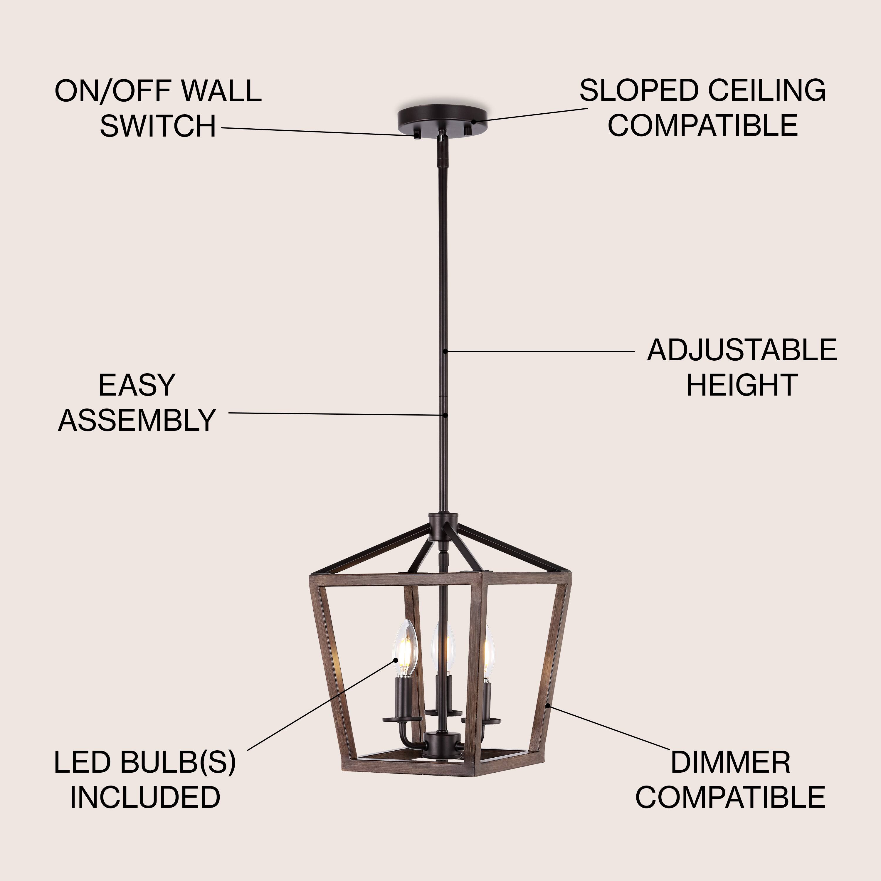 ON/OFF WALL SWITCH  
SLOPED CEILING COMPATIBLE  
EASY ASSEMBLY  
ADJUSTABLE HEIGHT  
LED BULB(S) INCLUDED  
DIMMER COMPATIBLE
