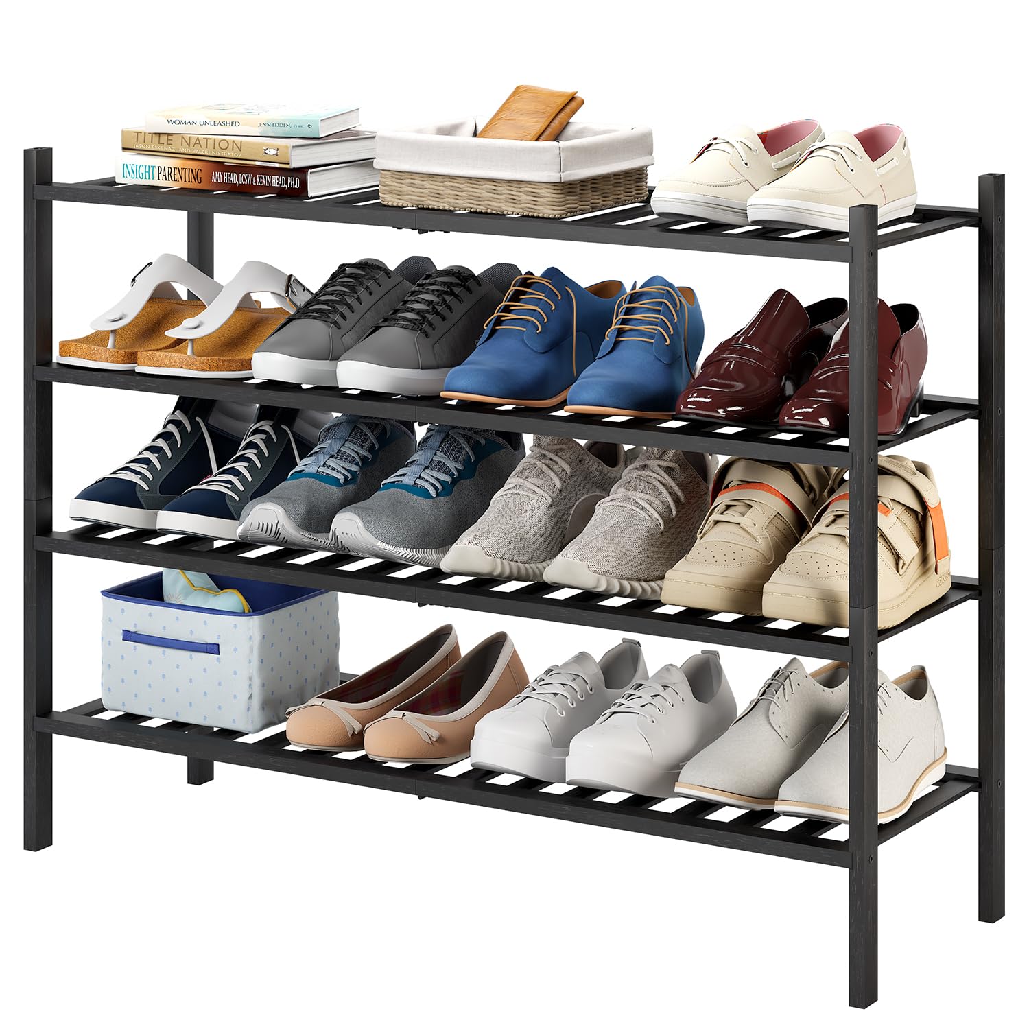 Refined Abode Design - Shoe Rack Rack Sturdy Home Household Essential Item Solution Design - Black 4-Tier-Long