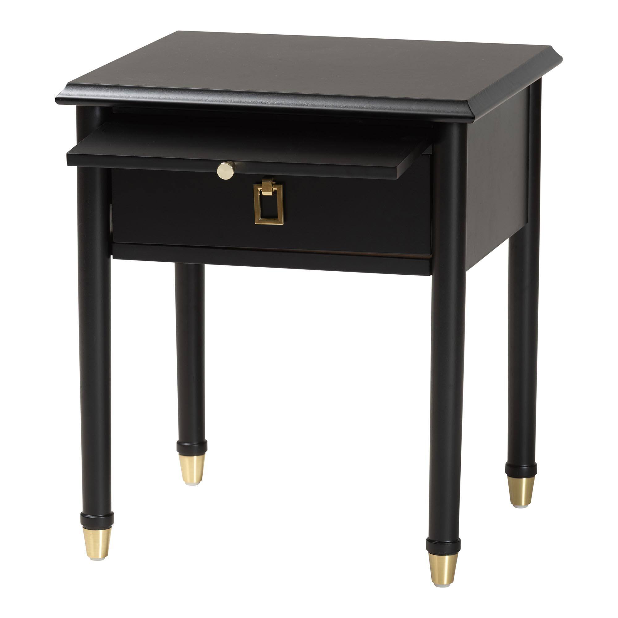 Left. Baxton Studio - Tamra Black Wood Nightstand with Pullout Shelf - Modern Transitional Bedside Table with Metallic Accents - Black.