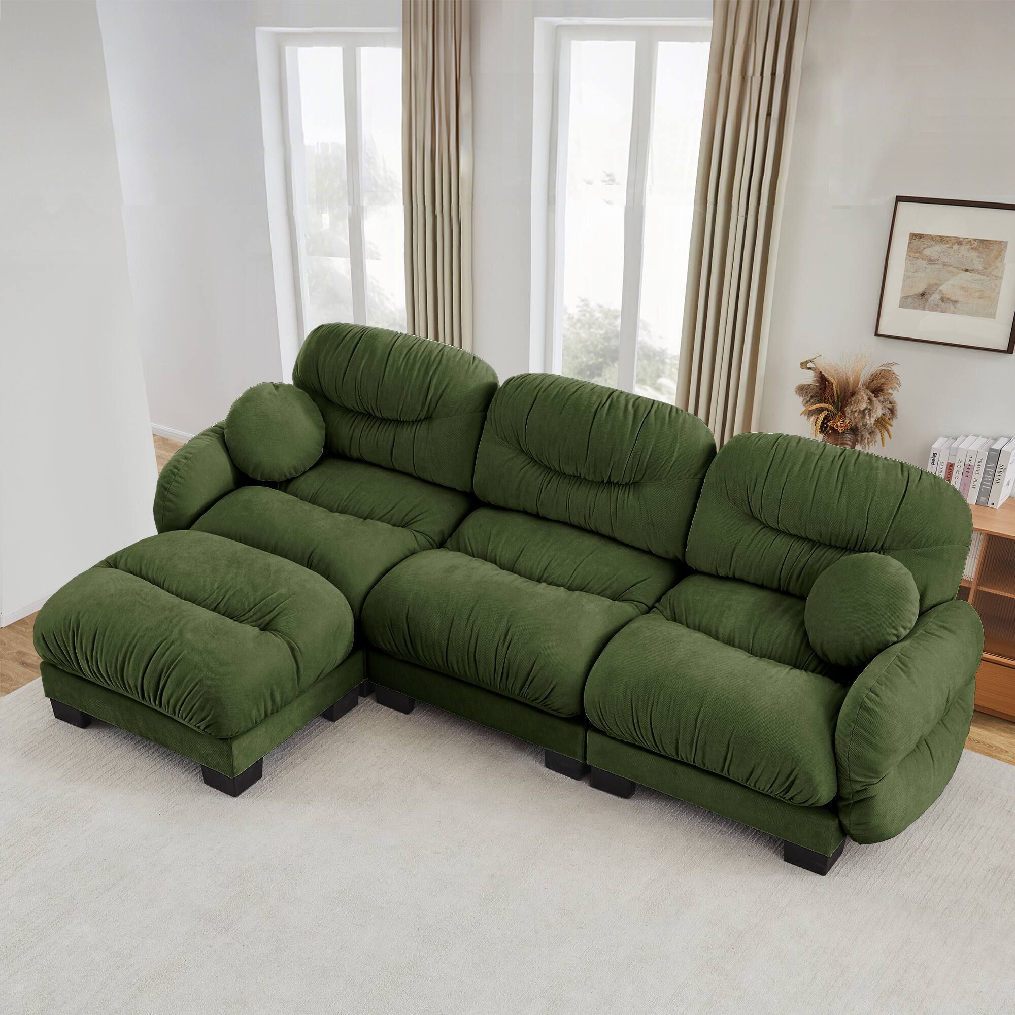 Angle. Anysun - 3 Seater L Shape Sectional Couch with Ottoman, Chenille Fabric, High-Density Foam & Curved Armrests for Living Room - Green.