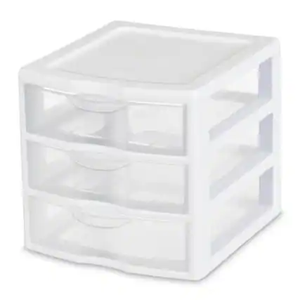 Front. Sterilite - Sterilite ClearView Plastic Small 3 Drawer Desktop Storage Unit, White, 18 Pack.