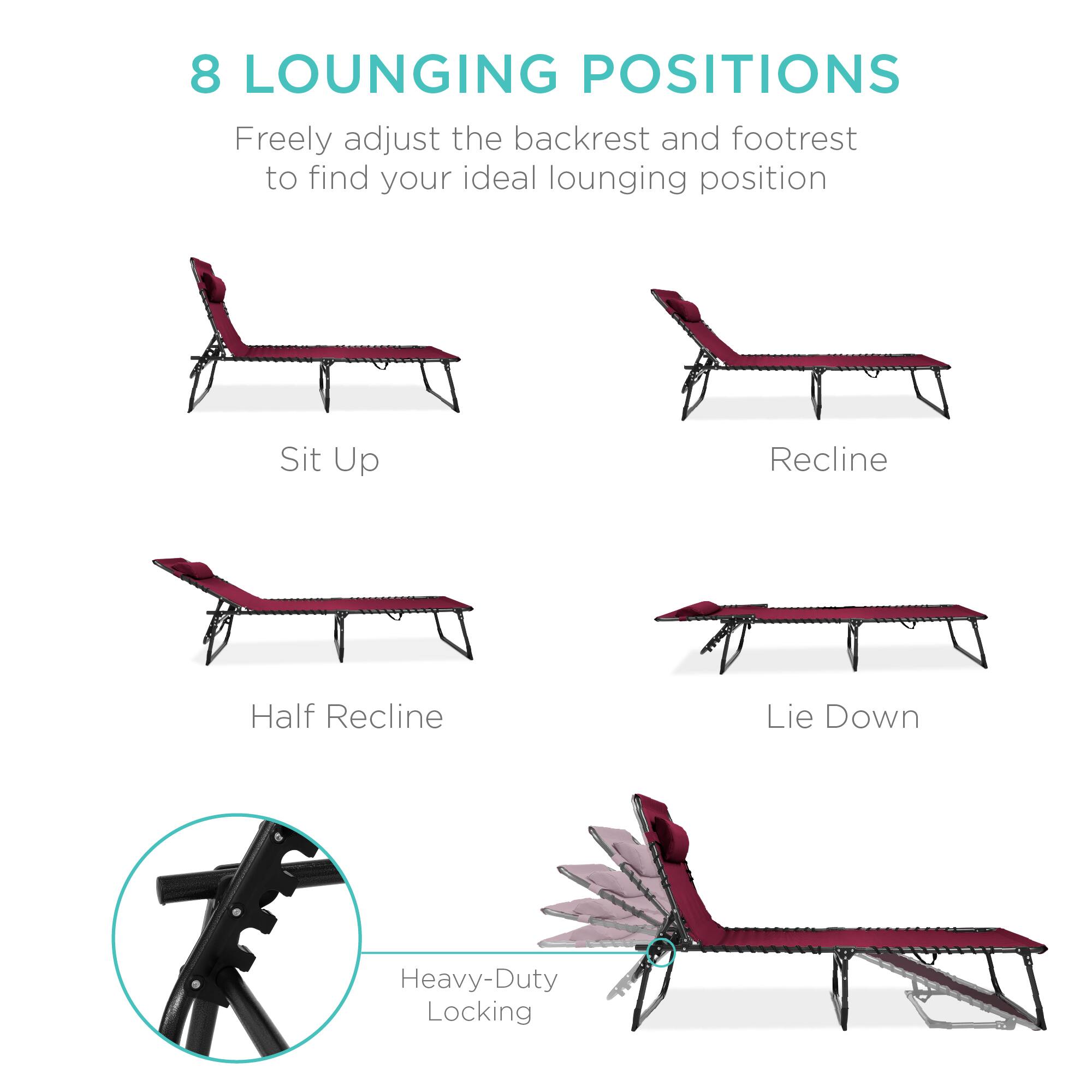 8 LOUNGING POSITIONS

Freely adjust the backrest and footrest to find your ideal lounging position

- Sit Up
- Recline
- Half Recline
- Lie Down

Heavy-Duty Locking