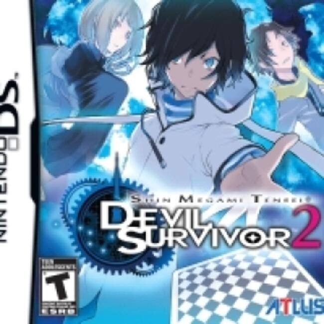 Sure, here is the corrected and grouped text from the image:

**Top Left:**
- NINTENDO DS

**Top Center:**
- Shin Megami Tensei
- DEVIL SURVIVOR 2

**Bottom Left:**
- T (ESRB rating)

**Bottom Center:**
- ATLUS

**Bottom Right:**
- (Checkered flag design)