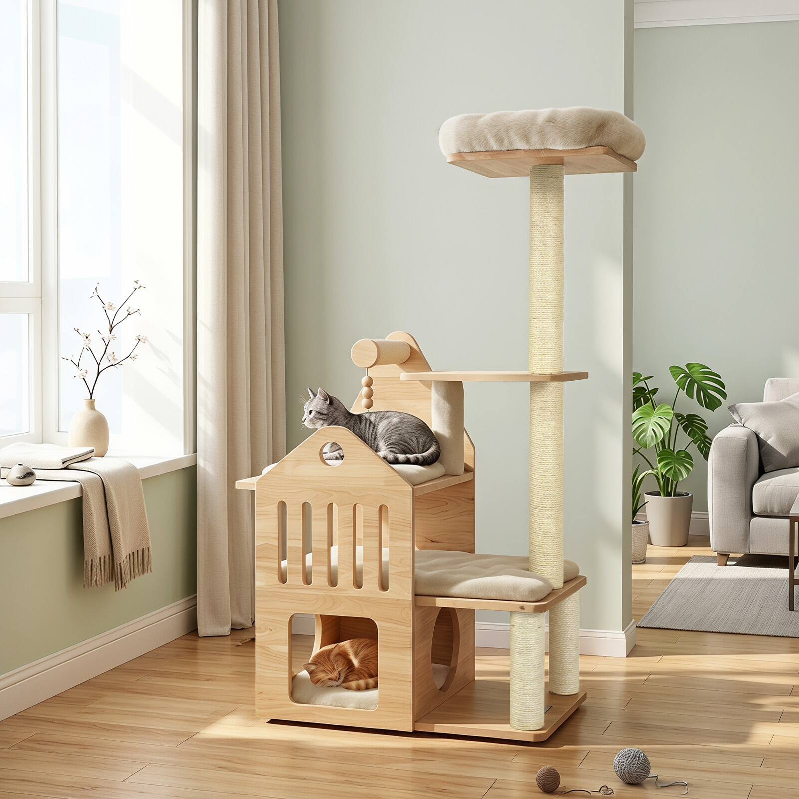 Alt View 3. Gymax - Gymax 48.5''Multi-Level Solid Wood Cat Tree Padded Top Perch Cat Condo Wooden Balls Natural & Beige - Beige.