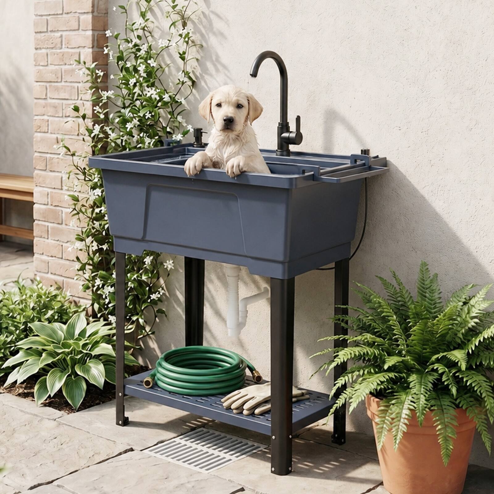 Alt View 4. Winado - Freestanding Utility Sink with Stainless Steel Faucet, Hair Dryer Stand, Soap Dispenser, Towel Holder for Garage Garden - Navy Blue.